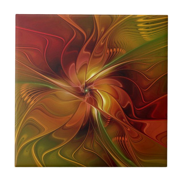 Abstract Red Orange Brown Green Fractal Art Flower Ceramic Tile (Front)