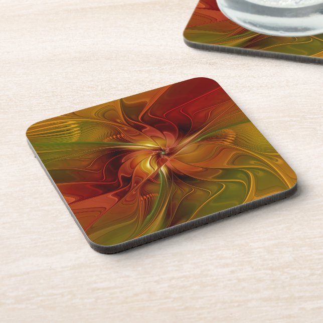 Abstract Red Orange Brown Green Fractal Art Flower Coaster (Left Side)