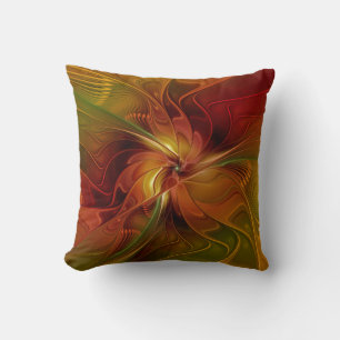 Abstract Red Orange Brown Green Fractal Art Flower Cushion