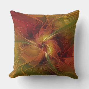 Abstract Red Orange Brown Green Fractal Art Flower Cushion