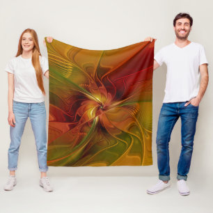 Abstract Red Orange Brown Green Fractal Art Flower Fleece Blanket
