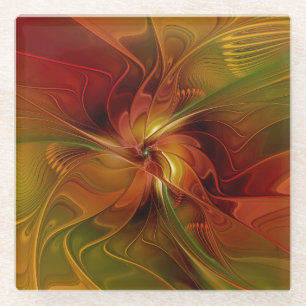 Abstract Red Orange Brown Green Fractal Art Flower Glass Coaster