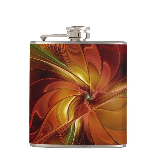Abstract Red Orange Brown Green Fractal Art Flower Hip Flask (Front)