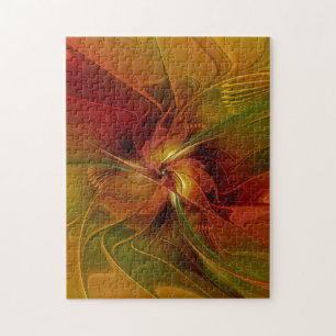 Abstract Red Orange Brown Green Fractal Art Flower Jigsaw Puzzle
