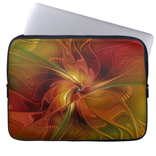 Abstract Red Orange Brown Green Fractal Art Flower Laptop Sleeve (Front)