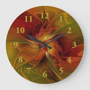 Abstract Red Orange Brown Green Fractal Art Flower Large Clock