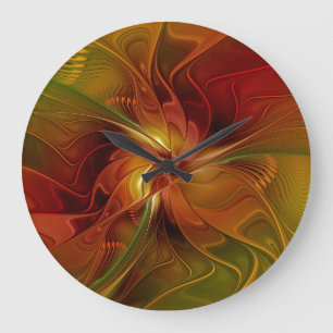 Abstract Red Orange Brown Green Fractal Art Flower Large Clock