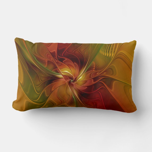 Abstract Red Orange Brown Green Fractal Art Flower Lumbar Cushion (Front)