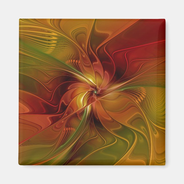 Abstract Red Orange Brown Green Fractal Art Flower Magnet (Front)