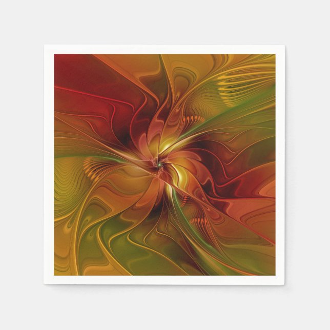 Abstract Red Orange Brown Green Fractal Art Flower Napkin (Front)