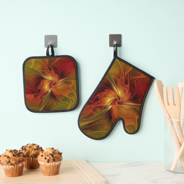 Abstract Red Orange Brown Green Fractal Art Flower Oven Mitt & Pot Holder Set (Insitu(Hanging))