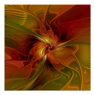 Abstract Red Orange Brown Green Fractal Art Flower Poster