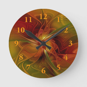 Abstract Red Orange Brown Green Fractal Art Flower Round Clock