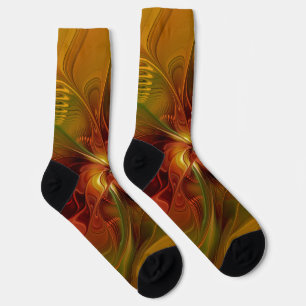 Abstract Red Orange Brown Green Fractal Art Flower Socks