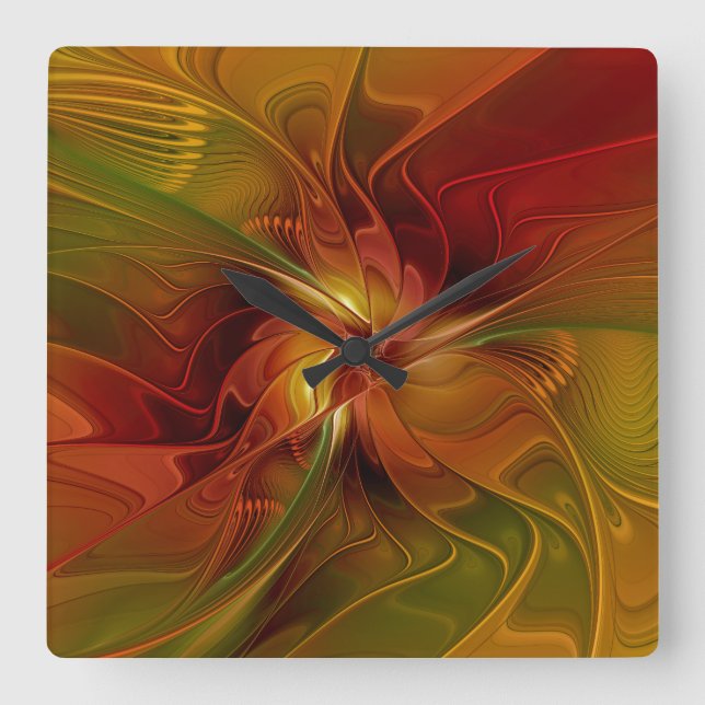 Abstract Red Orange Brown Green Fractal Art Flower Square Wall Clock (Front)