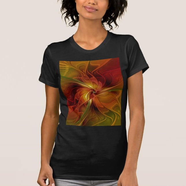 Abstract Red Orange Brown Green Fractal Art Flower T-Shirt (Front)