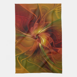 Abstract Red Orange Brown Green Fractal Art Flower Tea Towel