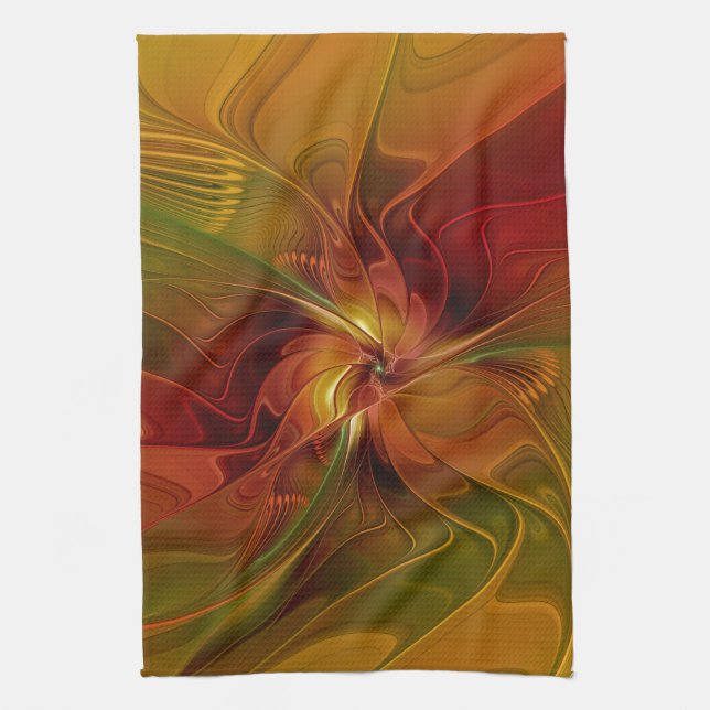 Abstract Red Orange Brown Green Fractal Art Flower Tea Towel (Vertical)