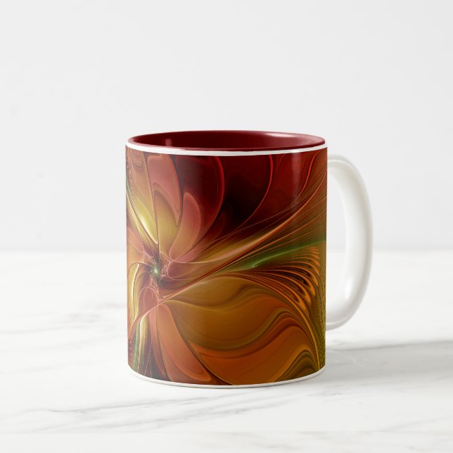Abstract Red Orange Brown Green Fractal Art Flower Two-Tone Coffee Mug (Front Right)