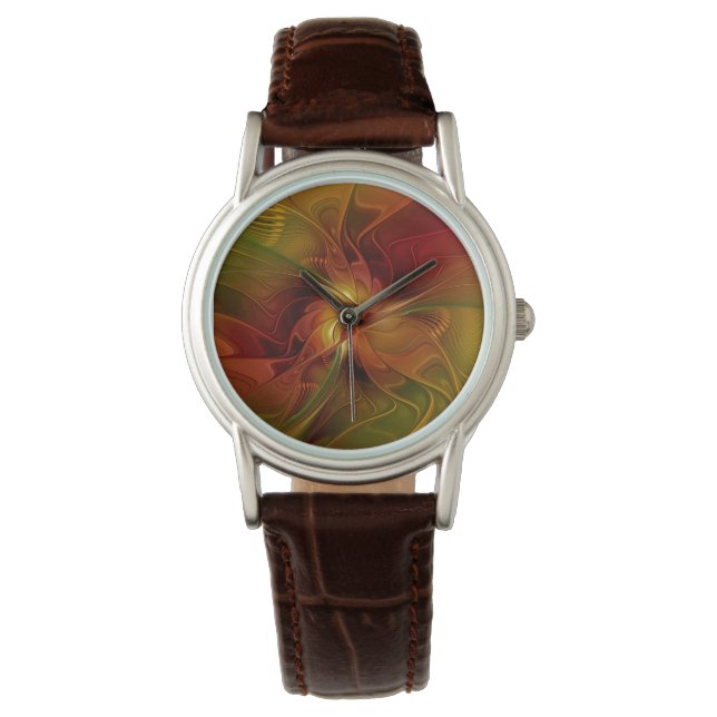 Abstract Red Orange Brown Green Fractal Art Flower Watch (Front)