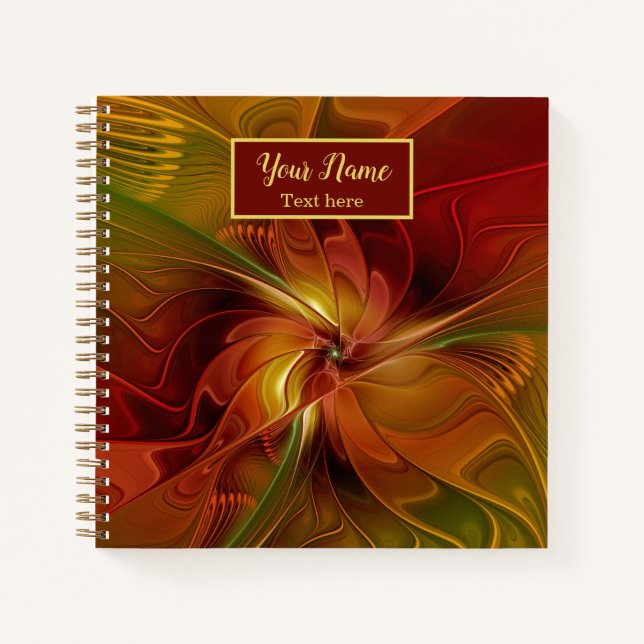 Abstract Red Orange Green Fractal Art Flower Name Notebook (Front)