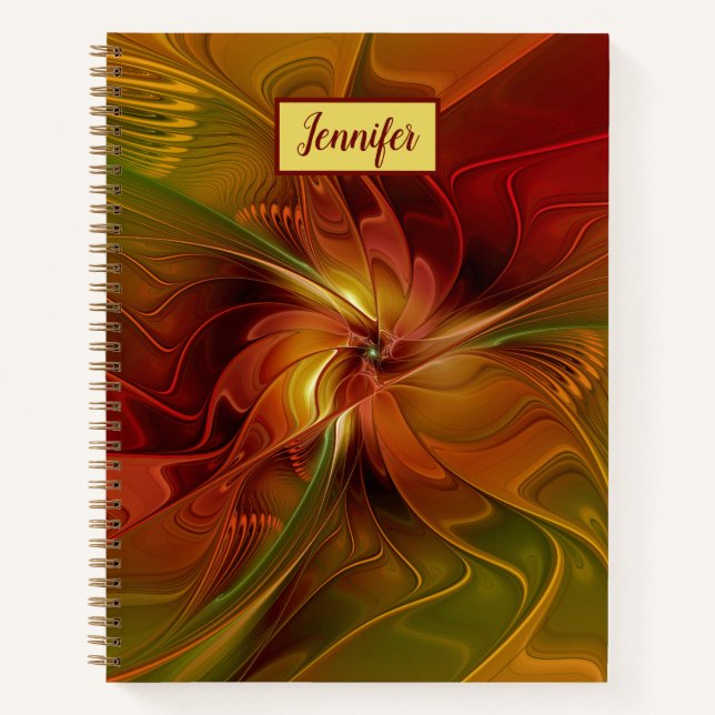 Abstract Red Orange Green Fractal Art Flower Name Notebook (Front)