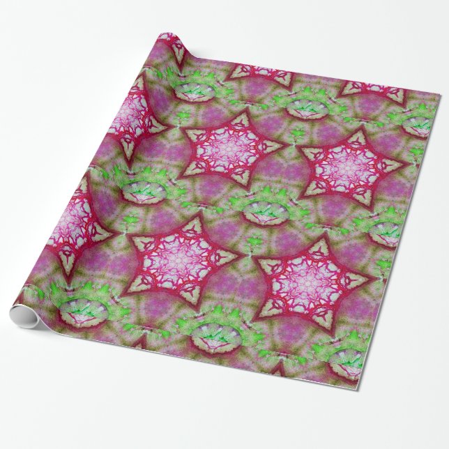 ABSTRACT RED PINK PURPLE FUCHSIA STAR WRAPPING PAPER (Unrolled)
