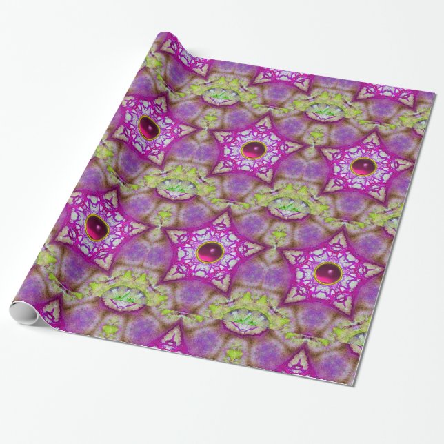ABSTRACT RED PINK PURPLE FUCHSIA STARS WITH GEMS WRAPPING PAPER (Unrolled)