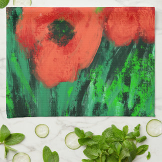 Abstract Red Poppies Floral Painting Tea Towel