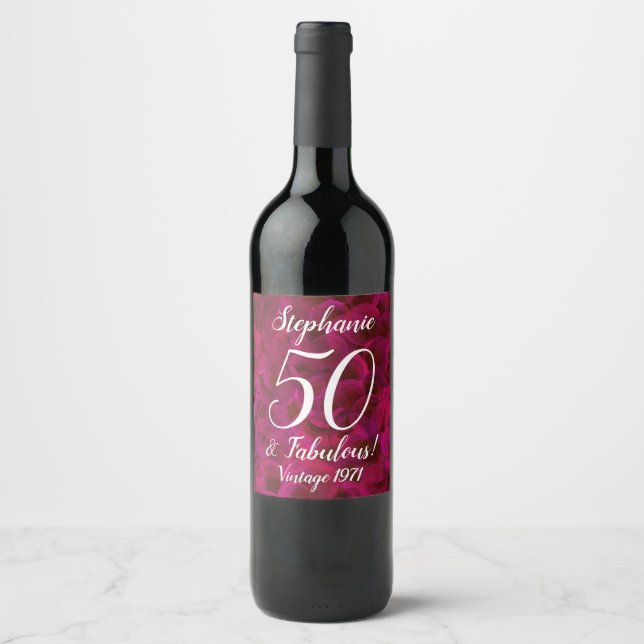 Abstract Red Rose 50 and Fabulous Birthday Wine Label (Front)