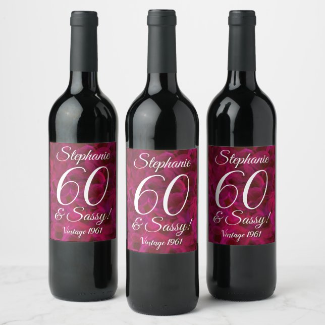 Abstract Red Rose 60 and Sassy Birthday Wine Label (Bottles)