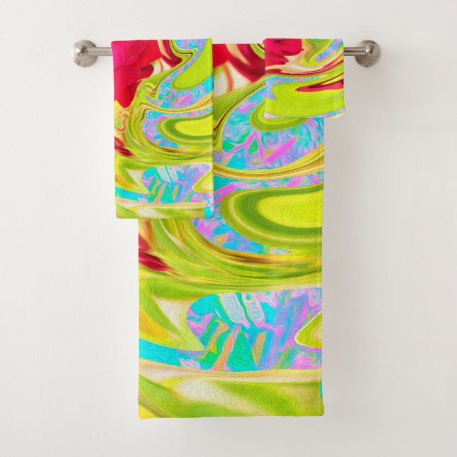 Abstract Red Rose on Yellow and Aqua Swirl Bath Towel Set (Insitu)