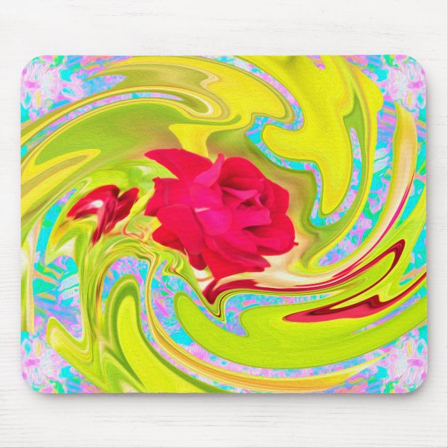 Abstract Red Rose on Yellow and Aqua Swirl Mouse Pad (Front)