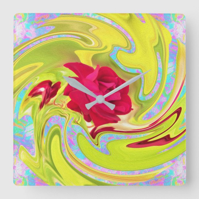 Abstract Red Rose on Yellow and Aqua Swirl Square Wall Clock (Front)