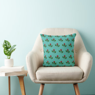 Abstract Red Roses & Leaves Floral, Fountain Blue Cushion