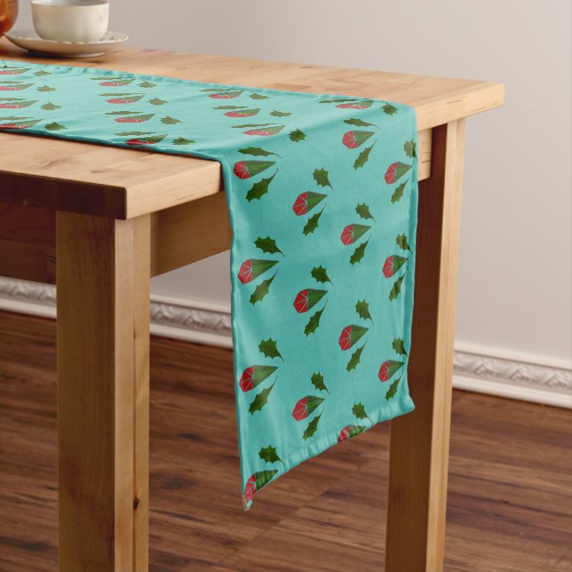 Abstract Red Roses & Leaves Floral, Fountain Blue Long Table Runner (In Situ)