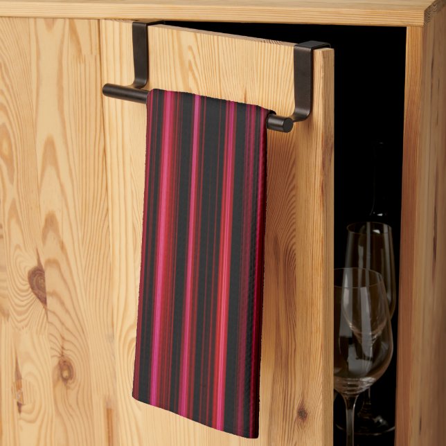 Abstract Red Stripes on Black Kitchen Towel (Thirds Fold)