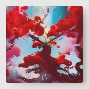 Abstract red trees square wall clock