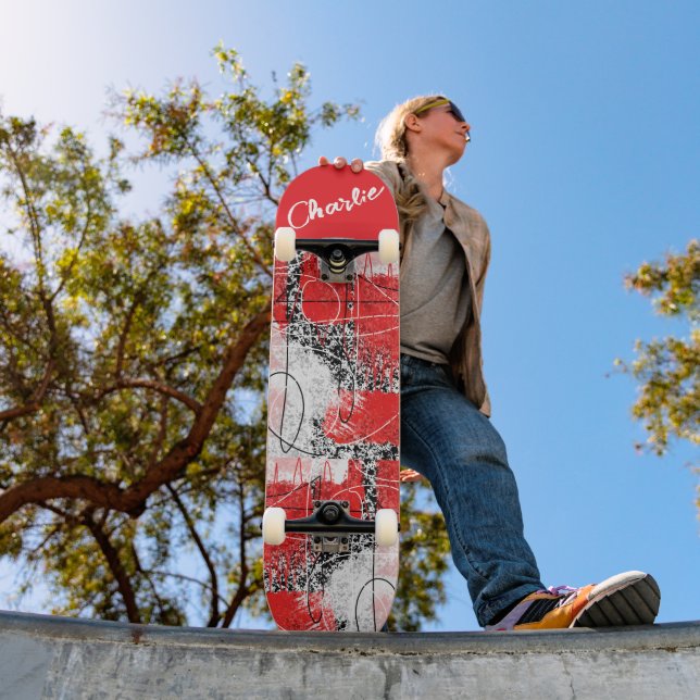 Abstract red white and black with your name skateboard (Outdoor 1)