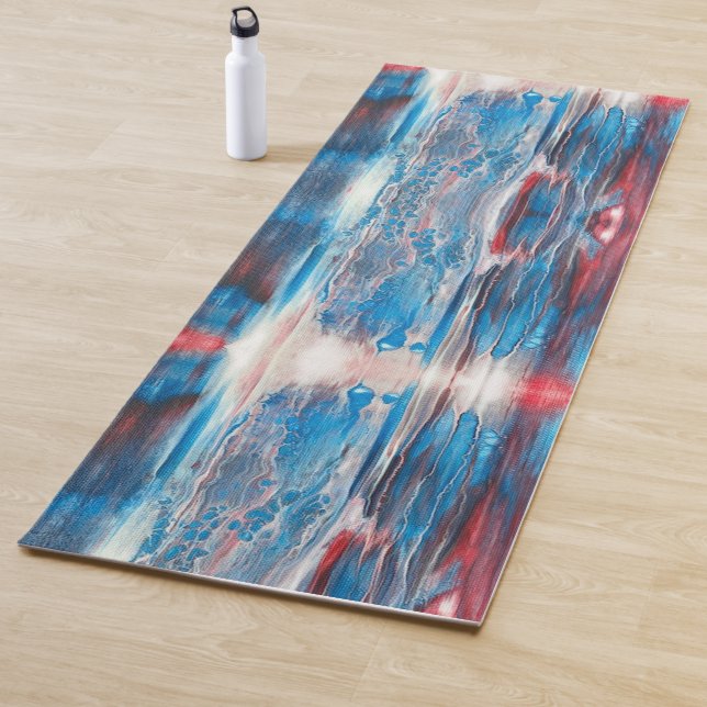 Abstract Red White and Blue, Reversible Solid Blue Yoga Mat (In Situ)
