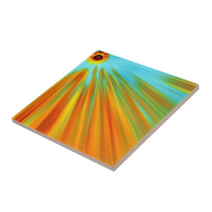 Abstract red yellow orange green stripes on blue ceramic tile