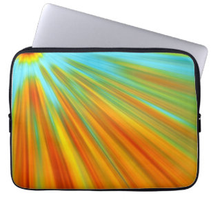 Abstract red yellow orange green stripes on blue laptop sleeve
