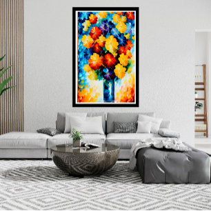Abstract Red yellow white blue flowers on vase Poster