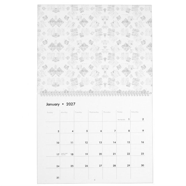 Abstract repeating pattern of stylised shapes in l calendar (Jan 2027)