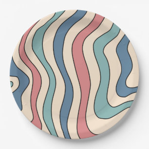 Abstract Retro 70s Marble Blue Red Groovy Pattern Paper Plate