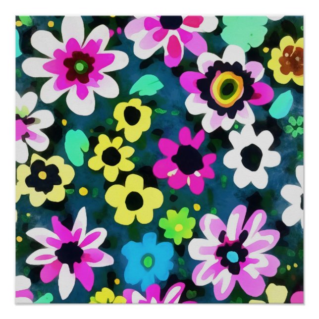 Abstract Retro Boho Spring Flowers Viva Magenta  Poster (Front)