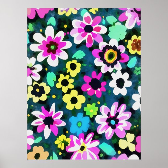 Abstract Retro Boho Spring Flowers Viva Magenta  Poster (Front)