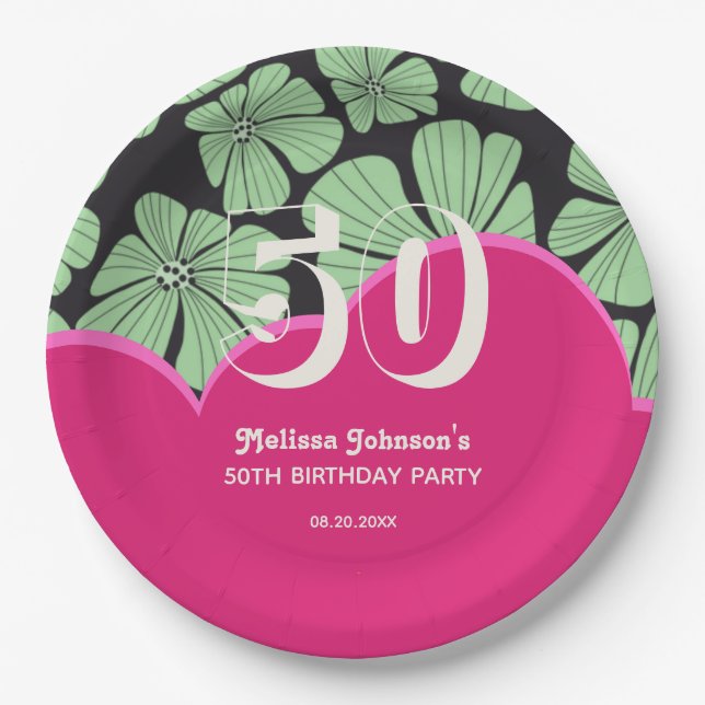 Abstract Retro Chamomile Floral Pink Birthday Paper Plate (Front)