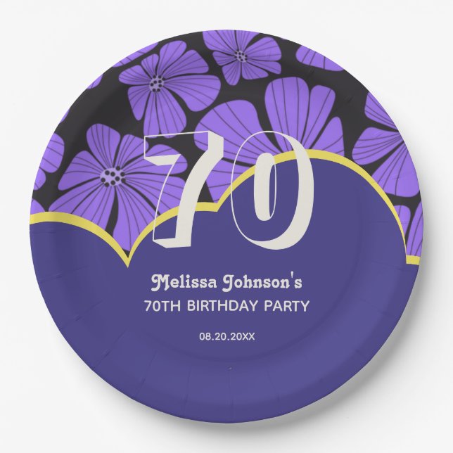 Abstract Retro Chamomile Floral Purple Birthday Paper Plate (Front)
