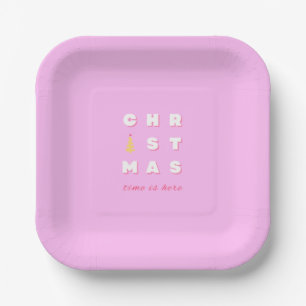Abstract Retro Christmas Pink Holiday Decor Preppy Paper Plate